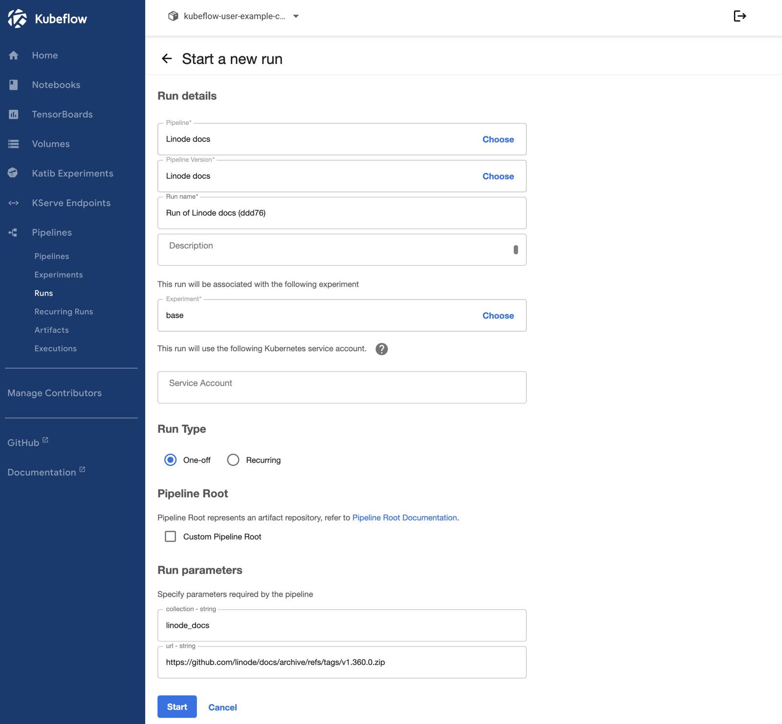 Screenshot of the Start a new run page within Kubeflow