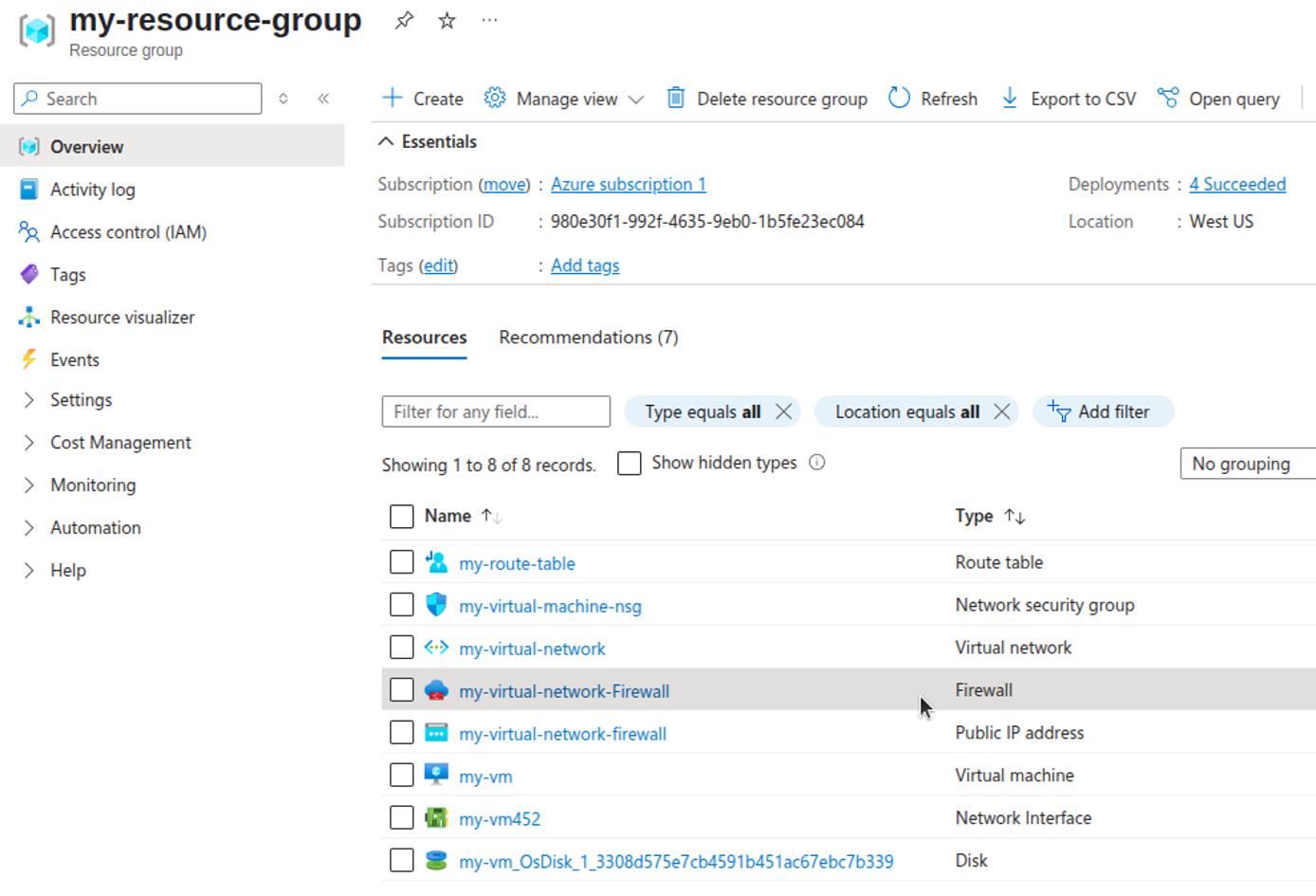 Azure Portal firewall details page.